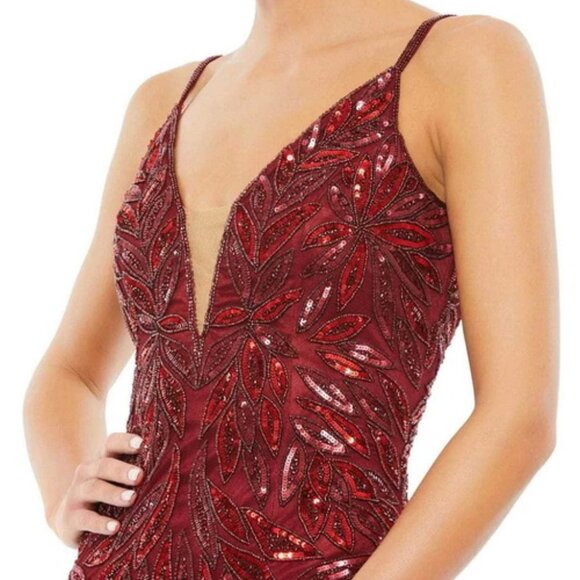 Mac Duggal Burgundy Red Beaded Sequin Leaf Mermaid Gown - Picture 4 of 4